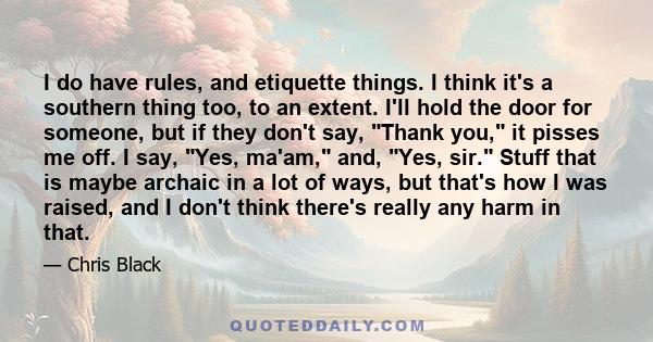 I do have rules, and etiquette things. I think it's a southern thing too, to an extent. I'll hold the door for someone, but if they don't say, Thank you, it pisses me off. I say, Yes, ma'am, and, Yes, sir. Stuff that is 