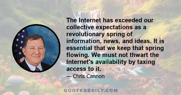 The Internet has exceeded our collective expectations as a revolutionary spring of information, news, and ideas. It is essential that we keep that spring flowing. We must not thwart the Internet's availability by taxing 