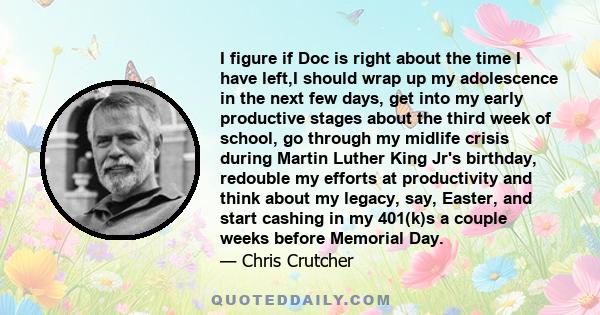 I figure if Doc is right about the time I have left,I should wrap up my adolescence in the next few days, get into my early productive stages about the third week of school, go through my midlife crisis during Martin