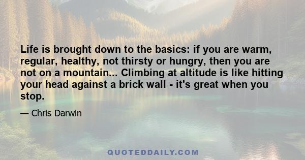 Life is brought down to the basics: if you are warm, regular, healthy, not thirsty or hungry, then you are not on a mountain... Climbing at altitude is like hitting your head against a brick wall - it's great when you