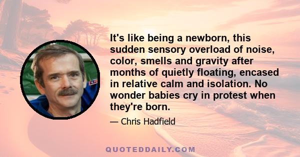 It's like being a newborn, this sudden sensory overload of noise, color, smells and gravity after months of quietly floating, encased in relative calm and isolation. No wonder babies cry in protest when they're born.