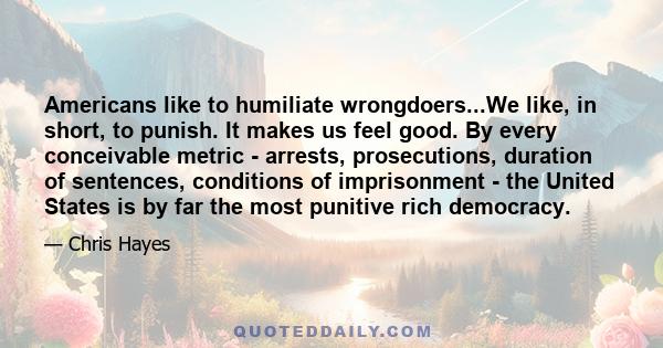 Americans like to humiliate wrongdoers...We like, in short, to punish. It makes us feel good. By every conceivable metric - arrests, prosecutions, duration of sentences, conditions of imprisonment - the United States is 