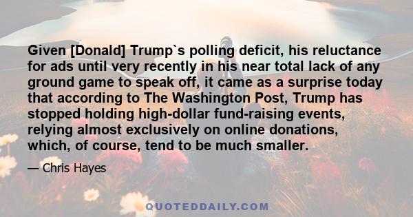 Given [Donald] Trump`s polling deficit, his reluctance for ads until very recently in his near total lack of any ground game to speak off, it came as a surprise today that according to The Washington Post, Trump has