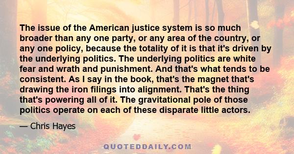 The issue of the American justice system is so much broader than any one party, or any area of the country, or any one policy, because the totality of it is that it's driven by the underlying politics. The underlying