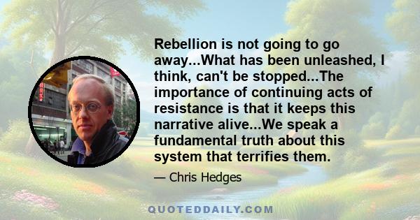 Rebellion is not going to go away...What has been unleashed, I think, can't be stopped...The importance of continuing acts of resistance is that it keeps this narrative alive...We speak a fundamental truth about this