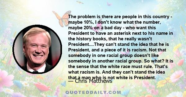 The problem is there are people in this country - maybe 10%, I don't know what the number, maybe 20% on a bad day - who want this President to have an asterisk next to his name in the history books, that he really