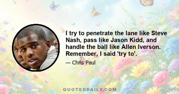 I try to penetrate the lane like Steve Nash, pass like Jason Kidd, and handle the ball like Allen Iverson. Remember, I said 'try to'.