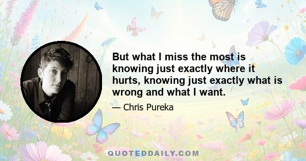 But what I miss the most is knowing just exactly where it hurts, knowing just exactly what is wrong and what I want.