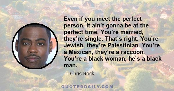 Even if you meet the perfect person, it ain’t gonna be at the perfect time. You’re married, they’re single. That’s right. You’re Jewish, they’re Palestinian. You’re a Mexican, they’re a raccoon. You’re a black woman,