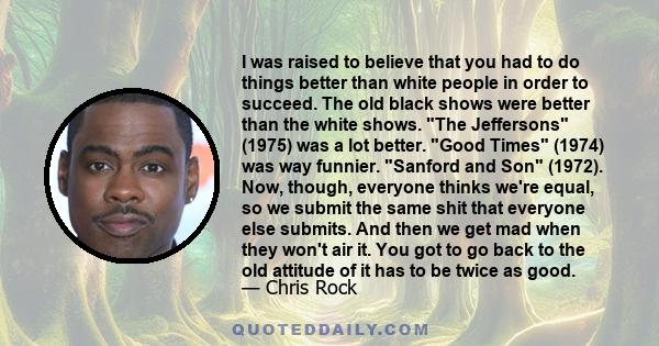 I was raised to believe that you had to do things better than white people in order to succeed. The old black shows were better than the white shows. The Jeffersons (1975) was a lot better. Good Times (1974) was way