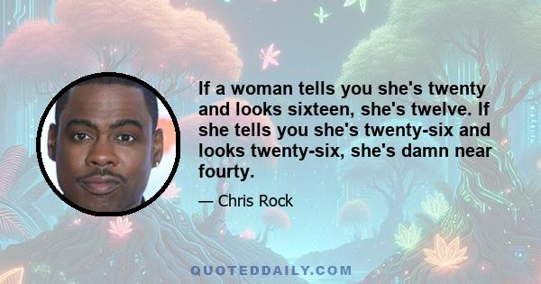 If a woman tells you she's twenty and looks sixteen, she's twelve. If she tells you she's twenty-six and looks twenty-six, she's damn near fourty.