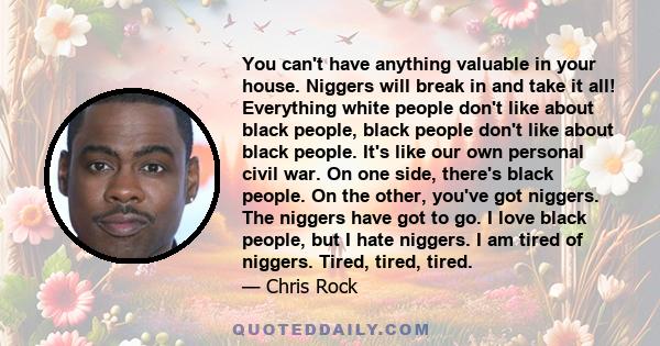 You can't have anything valuable in your house. Niggers will break in and take it all! Everything white people don't like about black people, black people don't like about black people. It's like our own personal civil