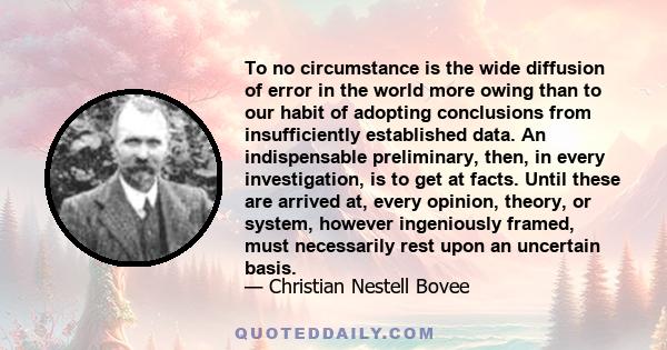 To no circumstance is the wide diffusion of error in the world more owing than to our habit of adopting conclusions from insufficiently established data. An indispensable preliminary, then, in every investigation, is to 