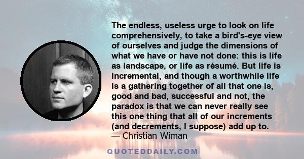 The endless, useless urge to look on life comprehensively, to take a bird's-eye view of ourselves and judge the dimensions of what we have or have not done: this is life as landscape, or life as résumé. But life is