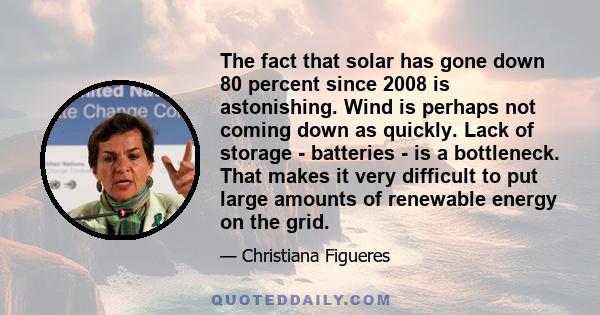 The fact that solar has gone down 80 percent since 2008 is astonishing. Wind is perhaps not coming down as quickly. Lack of storage - batteries - is a bottleneck. That makes it very difficult to put large amounts of