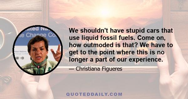 We shouldn't have stupid cars that use liquid fossil fuels. Come on, how outmoded is that? We have to get to the point where this is no longer a part of our experience.