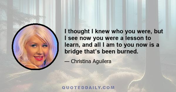 I thought I knew who you were, but I see now you were a lesson to learn, and all I am to you now is a bridge that’s been burned.