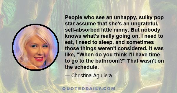 People who see an unhappy, sulky pop star assume that she's an ungrateful, self-absorbed little ninny. But nobody knows what's really going on. I need to eat, I need to sleep, and sometimes those things weren't