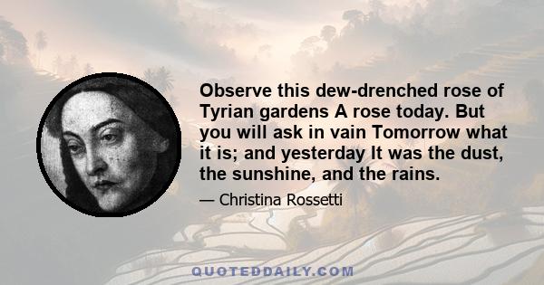 Observe this dew-drenched rose of Tyrian gardens A rose today. But you will ask in vain Tomorrow what it is; and yesterday It was the dust, the sunshine, and the rains.