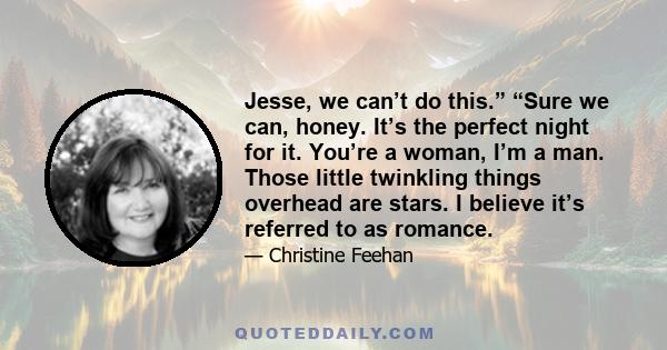 Jesse, we can’t do this.” “Sure we can, honey. It’s the perfect night for it. You’re a woman, I’m a man. Those little twinkling things overhead are stars. I believe it’s referred to as romance.