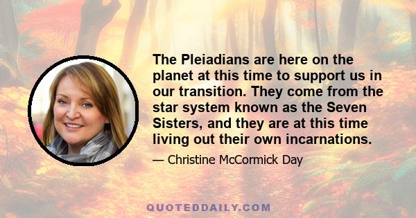 The Pleiadians are here on the planet at this time to support us in our transition. They come from the star system known as the Seven Sisters, and they are at this time living out their own incarnations.