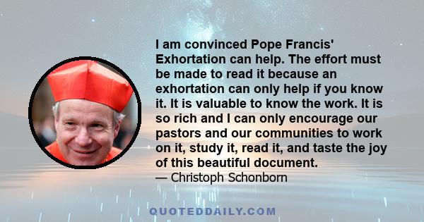 I am convinced Pope Francis' Exhortation can help. The effort must be made to read it because an exhortation can only help if you know it. It is valuable to know the work. It is so rich and I can only encourage our