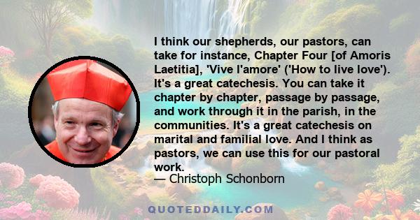 I think our shepherds, our pastors, can take for instance, Chapter Four [of Amoris Laetitia], 'Vive l'amore' ('How to live love'). It's a great catechesis. You can take it chapter by chapter, passage by passage, and