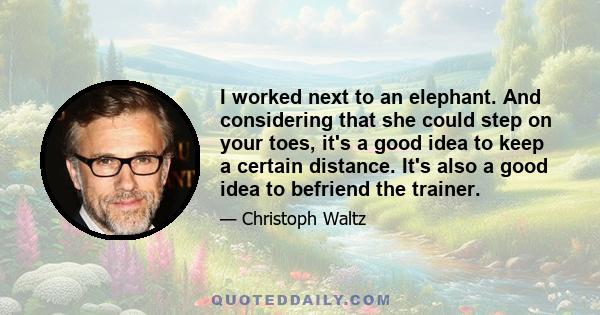 I worked next to an elephant. And considering that she could step on your toes, it's a good idea to keep a certain distance. It's also a good idea to befriend the trainer.