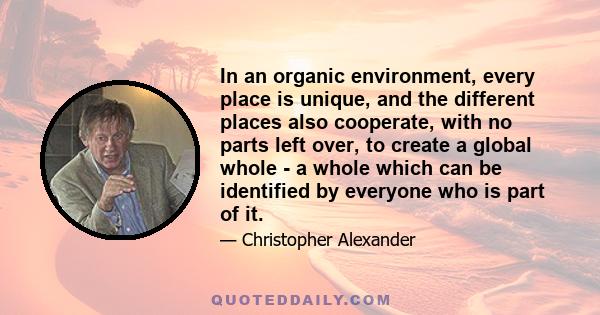 In an organic environment, every place is unique, and the different places also cooperate, with no parts left over, to create a global whole - a whole which can be identified by everyone who is part of it.