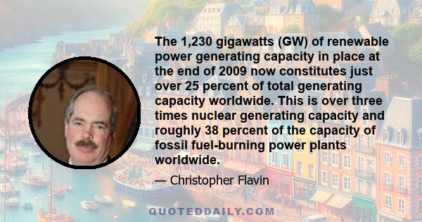 The 1,230 gigawatts (GW) of renewable power generating capacity in place at the end of 2009 now constitutes just over 25 percent of total generating capacity worldwide. This is over three times nuclear generating