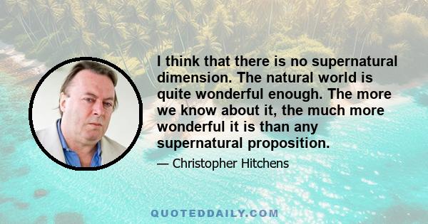 I think that there is no supernatural dimension. The natural world is quite wonderful enough. The more we know about it, the much more wonderful it is than any supernatural proposition.