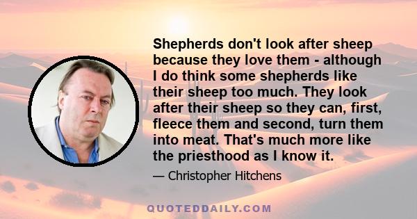 Shepherds don't look after sheep because they love them - although I do think some shepherds like their sheep too much. They look after their sheep so they can, first, fleece them and second, turn them into meat. That's 