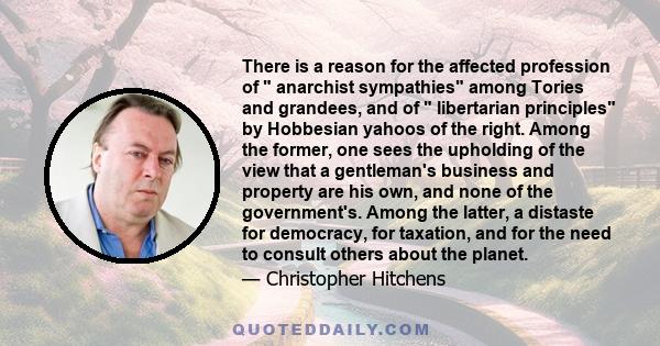 There is a reason for the affected profession of  anarchist sympathies among Tories and grandees, and of  libertarian principles by Hobbesian yahoos of the right. Among the former, one sees the upholding of the view