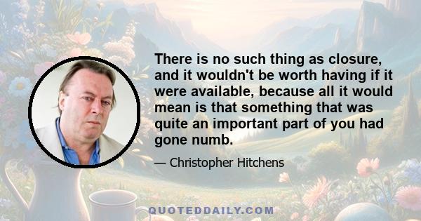 There is no such thing as closure, and it wouldn't be worth having if it were available, because all it would mean is that something that was quite an important part of you had gone numb.