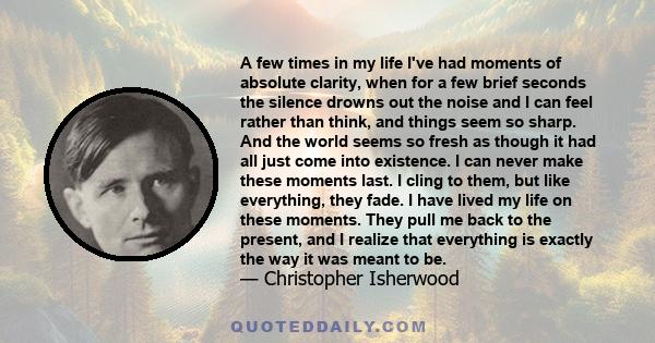 A few times in my life I've had moments of absolute clarity, when for a few brief seconds the silence drowns out the noise and I can feel rather than think, and things seem so sharp. And the world seems so fresh as