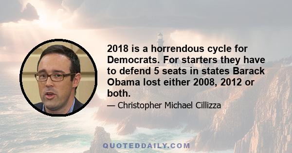 2018 is a horrendous cycle for Democrats. For starters they have to defend 5 seats in states Barack Obama lost either 2008, 2012 or both.