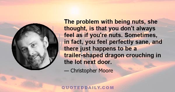 The problem with being nuts, she thought, is that you don't always feel as if you're nuts. Sometimes, in fact, you feel perfectly sane, and there just happens to be a trailer-shaped dragon crouching in the lot next door.