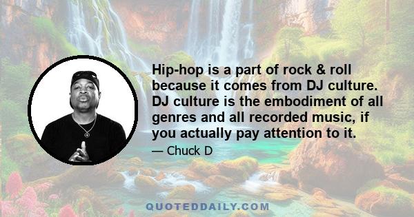 Hip-hop is a part of rock & roll because it comes from DJ culture. DJ culture is the embodiment of all genres and all recorded music, if you actually pay attention to it.