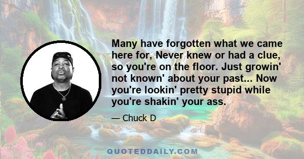 Many have forgotten what we came here for, Never knew or had a clue, so you're on the floor. Just growin' not known' about your past... Now you're lookin' pretty stupid while you're shakin' your ass.