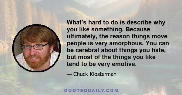 What's hard to do is describe why you like something. Because ultimately, the reason things move people is very amorphous. You can be cerebral about things you hate, but most of the things you like tend to be very