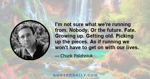 I'm not sure what we're running from. Nobody. Or the future. Fate. Growing up. Getting old. Picking up the pieces. As if running we won't have to get on with our lives.