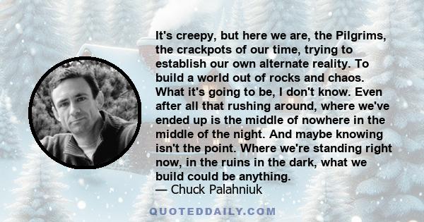 It's creepy, but here we are, the Pilgrims, the crackpots of our time, trying to establish our own alternate reality. To build a world out of rocks and chaos. What it's going to be, I don't know. Even after all that