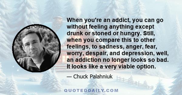 When you're an addict, you can go without feeling anything except drunk or stoned or hungry. Still, when you compare this to other feelings, to sadness, anger, fear, worry, despair, and depression, well, an addiction no 