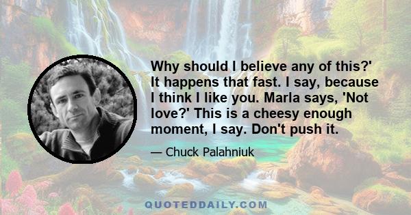 Why should I believe any of this?' It happens that fast. I say, because I think I like you. Marla says, 'Not love?' This is a cheesy enough moment, I say. Don't push it.