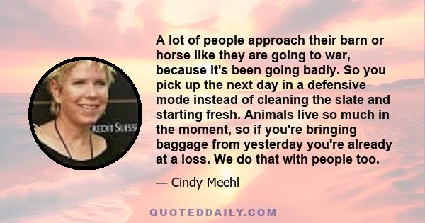 A lot of people approach their barn or horse like they are going to war, because it's been going badly. So you pick up the next day in a defensive mode instead of cleaning the slate and starting fresh. Animals live so