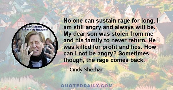 No one can sustain rage for long. I am still angry and always will be. My dear son was stolen from me and his family to never return. He was killed for profit and lies. How can I not be angry? Sometimes though, the rage 