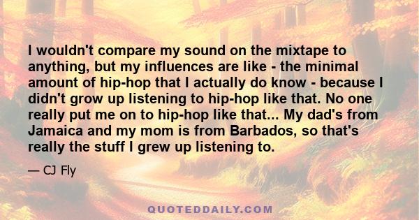 I wouldn't compare my sound on the mixtape to anything, but my influences are like - the minimal amount of hip-hop that I actually do know - because I didn't grow up listening to hip-hop like that. No one really put me