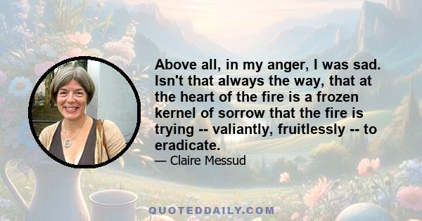 Above all, in my anger, I was sad. Isn't that always the way, that at the heart of the fire is a frozen kernel of sorrow that the fire is trying -- valiantly, fruitlessly -- to eradicate.