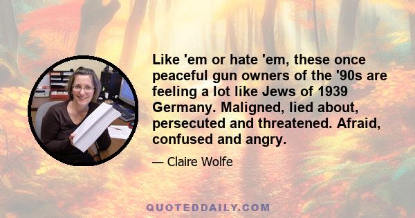 Like 'em or hate 'em, these once peaceful gun owners of the '90s are feeling a lot like Jews of 1939 Germany. Maligned, lied about, persecuted and threatened. Afraid, confused and angry.