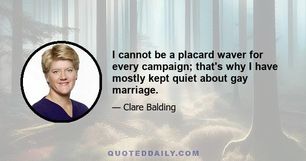 I cannot be a placard waver for every campaign; that's why I have mostly kept quiet about gay marriage.